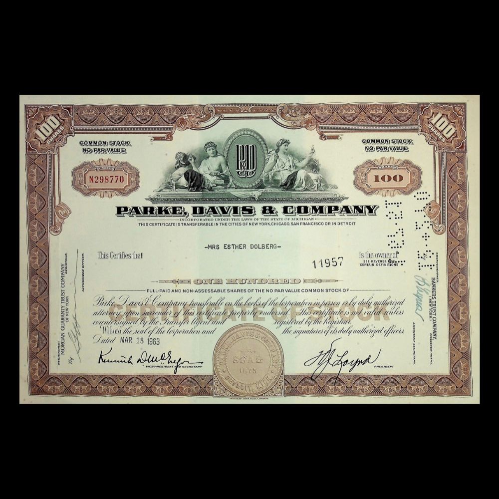 Park, Davis and Company (now Pfizer) Stock Certificate from 1960s