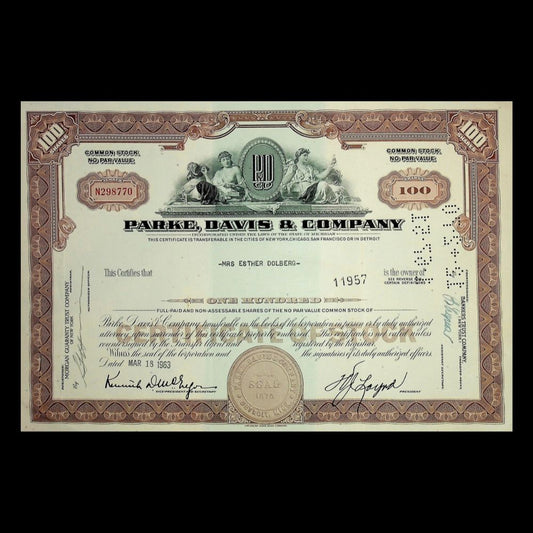 Park, Davis and Company (now Pfizer) Stock Certificate from 1960s