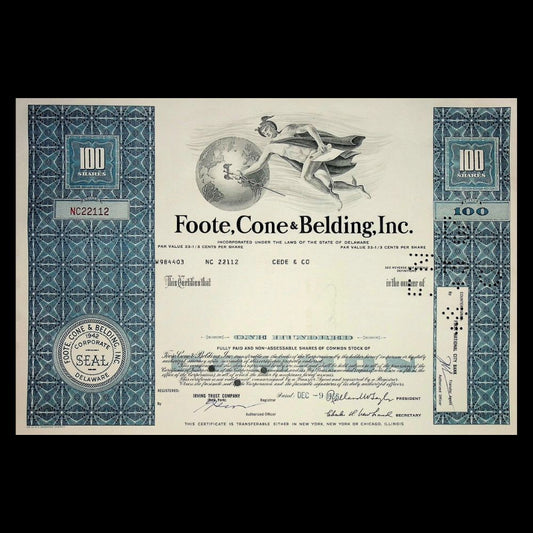 Foote, Cone & Belding (Now IPG/ FCB Advertising Agency) Inc Stock Certificate