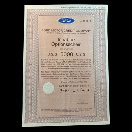 Ford Motor Credit Company Warrant Certificate from Germany 1987