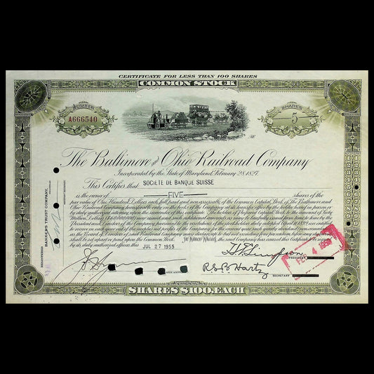 Baltimore & Ohio (B&O) Railroad Company Stock Certificate from 1950s/60s