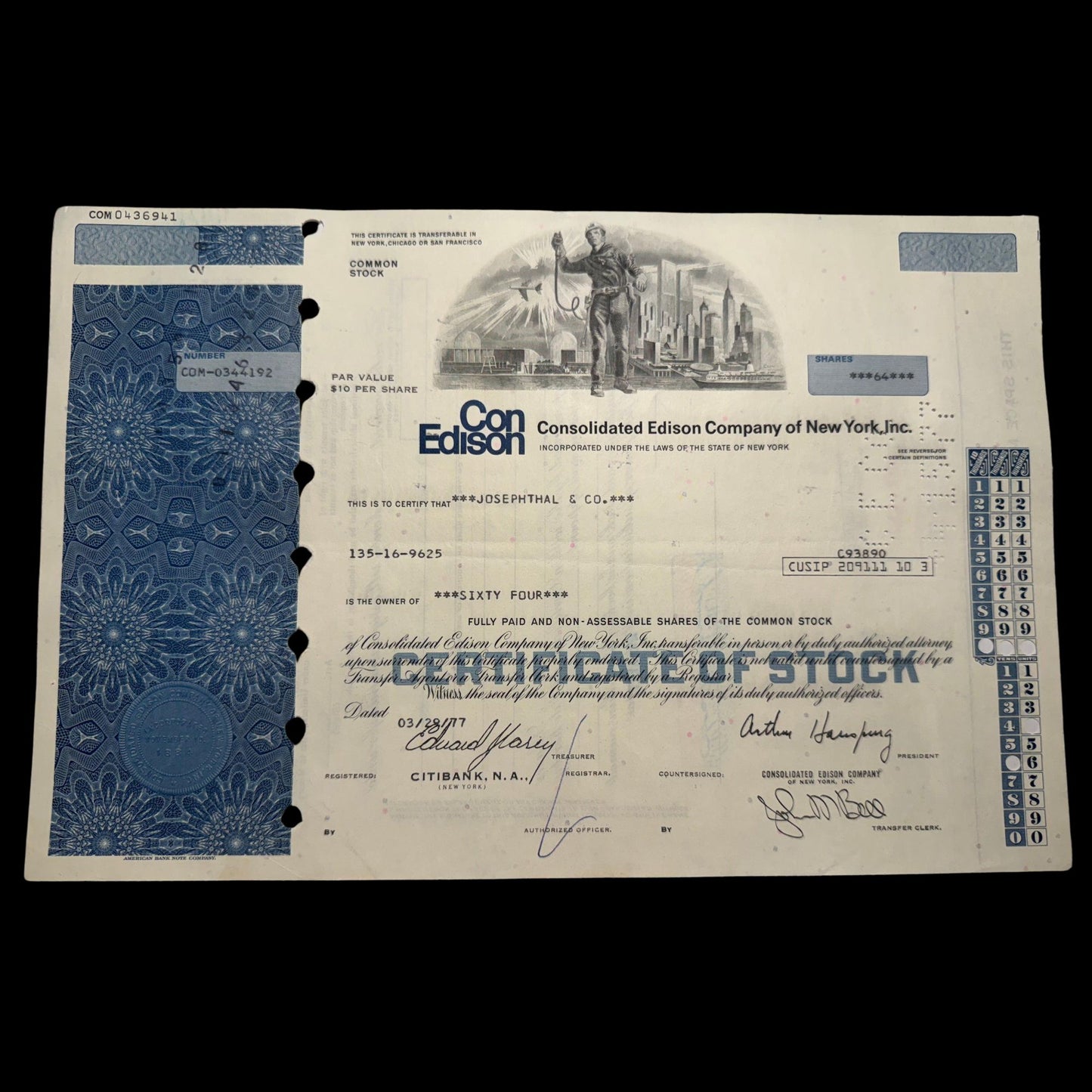 ConEd (Consolidated Edison Company of New York) Stock Certificate - Featuring Twin Towers / NYC Skyline