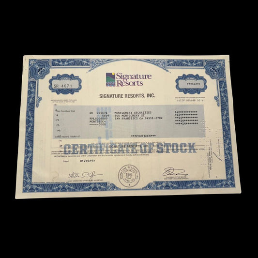 Signature Resorts (now Sunterra) Inc Stock Certificate from 1997