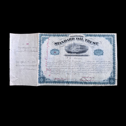 Standard Oil Trust Stock Certificate signed by John D Rockefeller and Henry Flagler from 1882