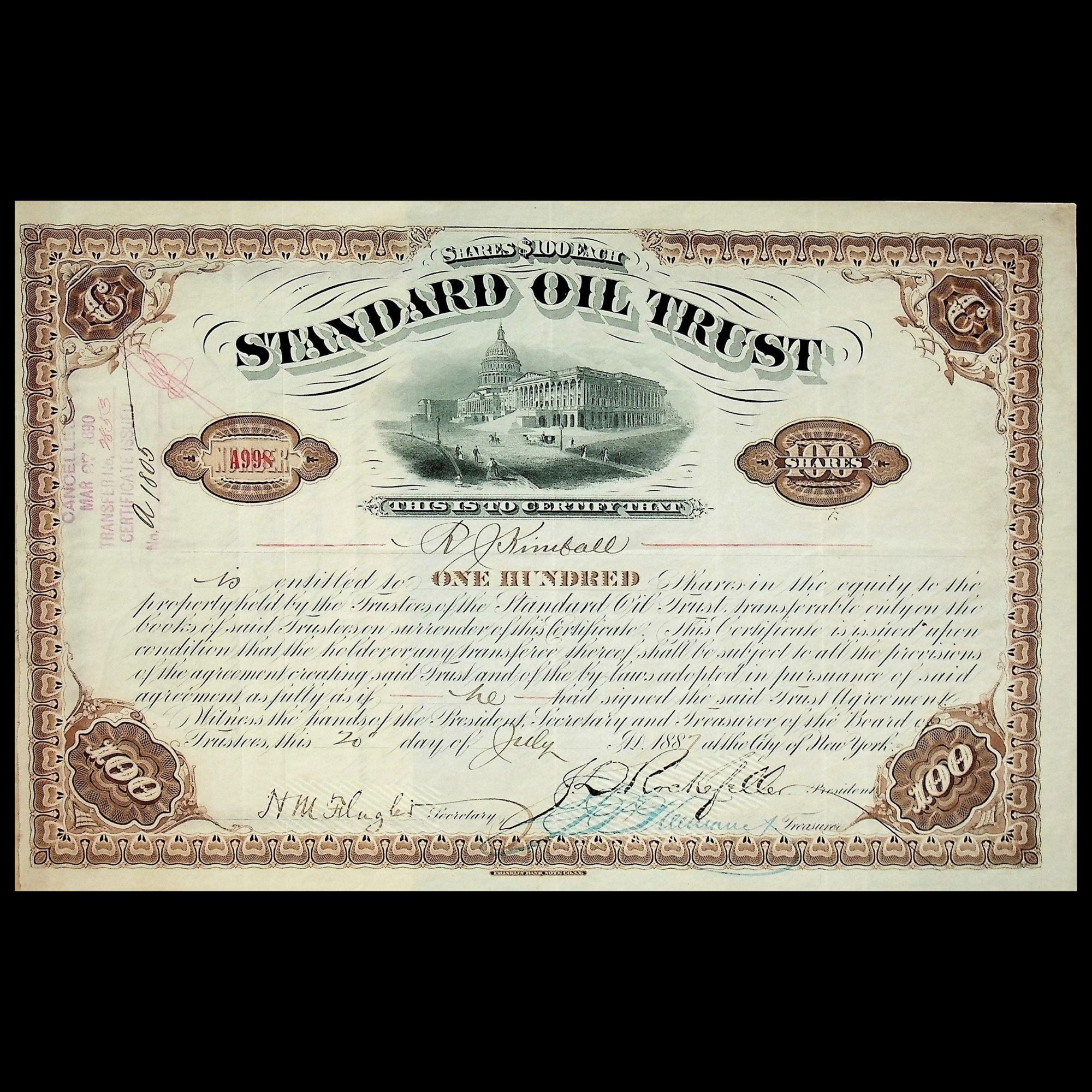 Standard Oil Stock Certificate Signed by John D Rockefeller & Henry Flagler (Very Rare)