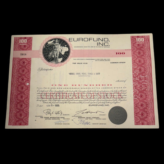 Eurofund Inc Stock Certificate from 1960s