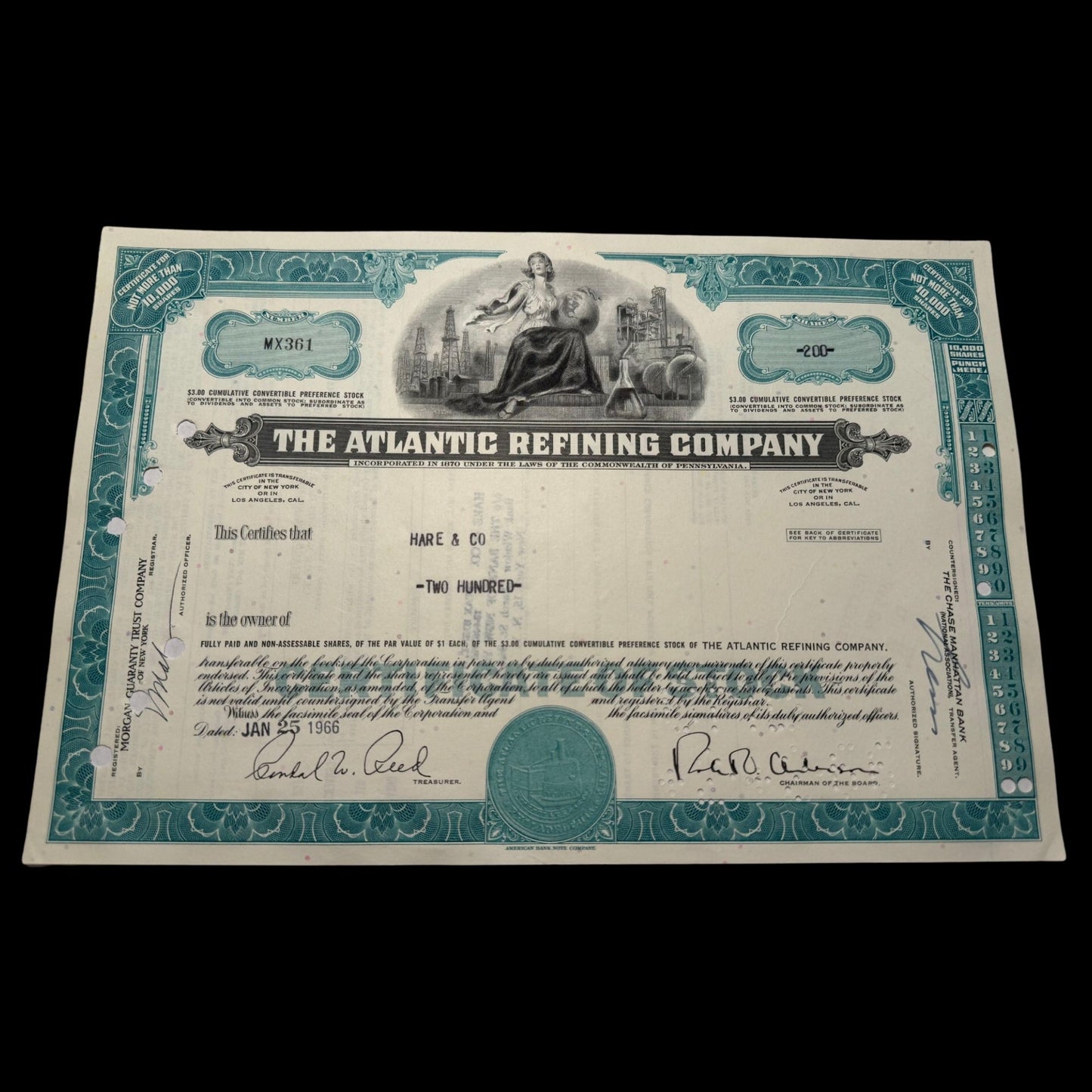 The Atlantic Refining Company (now BP) Stock Certificate from 1966