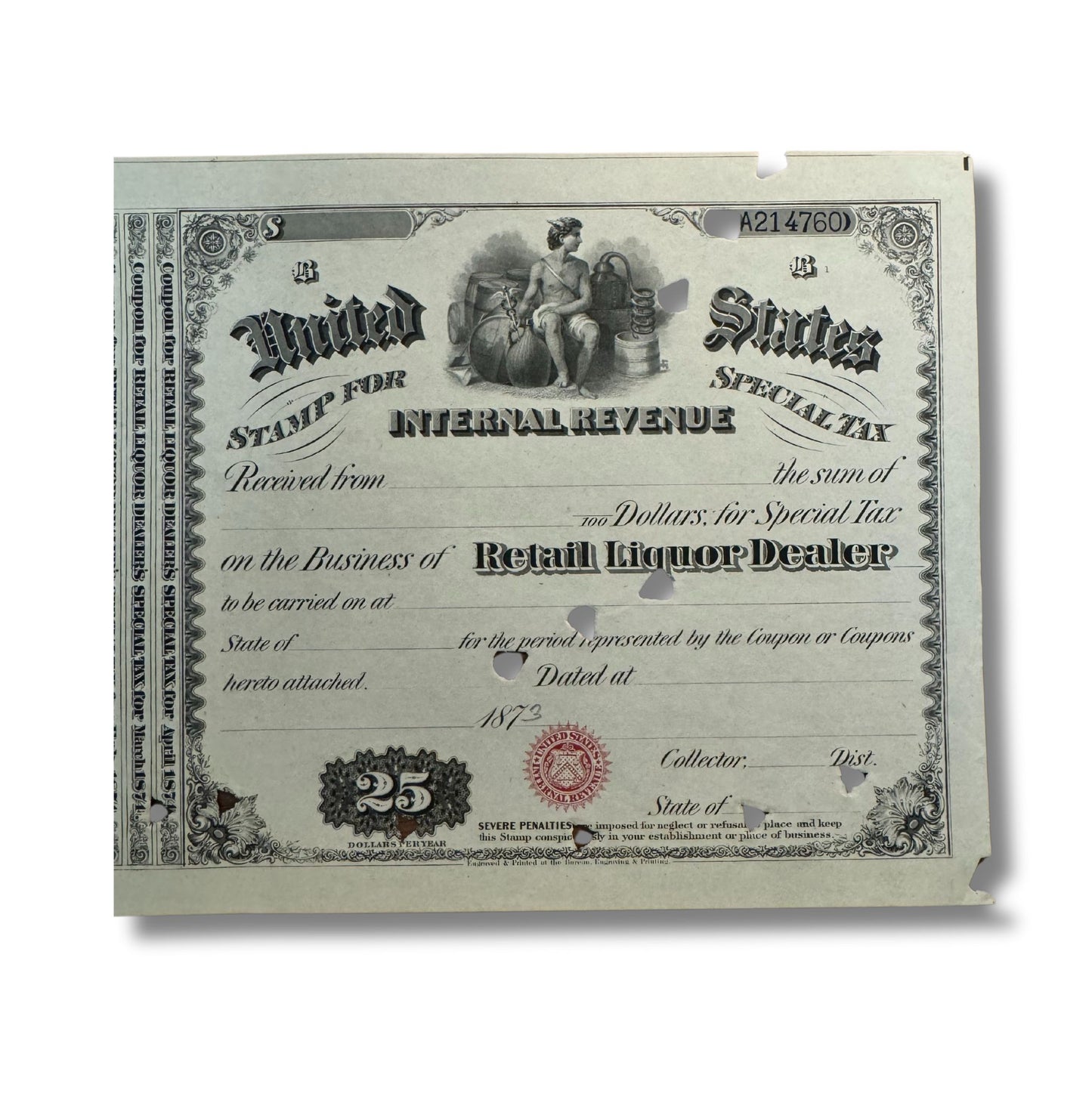 IRS Retail Liquor License Dealer Certificate from 1870/80s