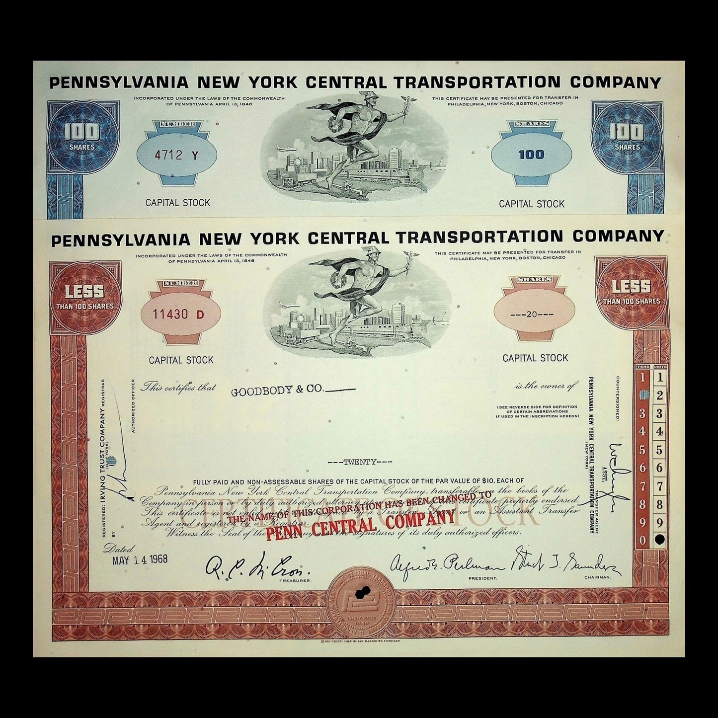 Pennsylvania New York Central Transportation Company (blue or red) Stock Certificate from 1960s