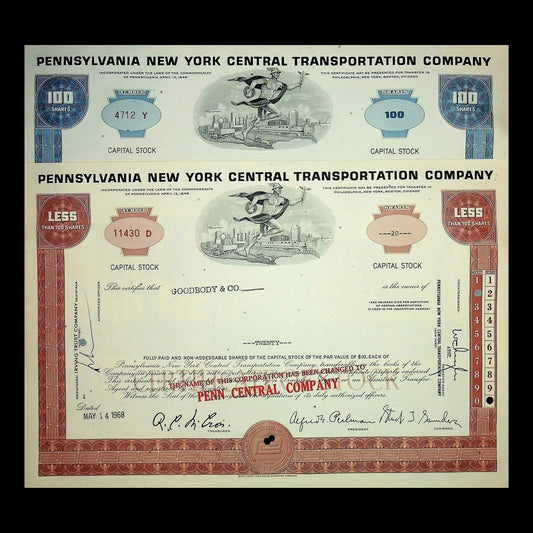 Pennsylvania New York Central Transportation Company (blue or red) Stock Certificate from 1960s