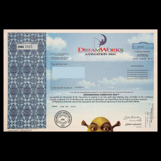 Full Color DreamWorks Stock Certificate ft Shrek from 2005