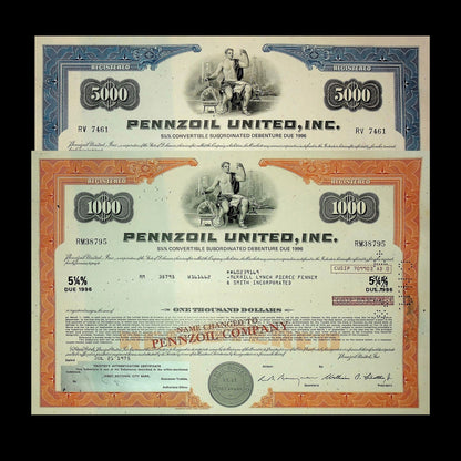 20 世纪 70 年代的 Pennzoil United Inc（现为 Shell）债券证书