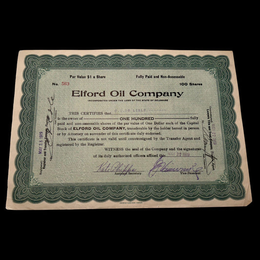 Elford Oil Company Stock Certificate from 1919