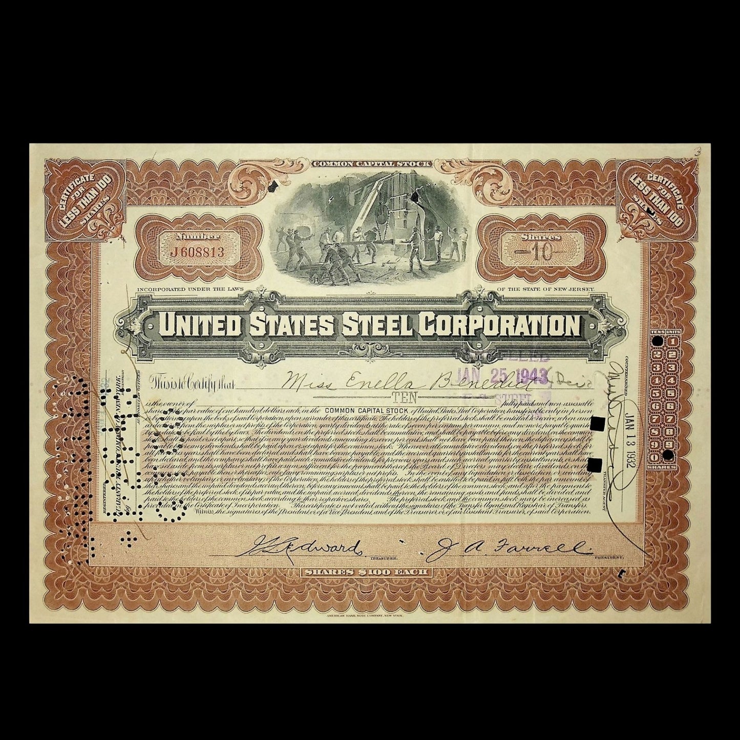 20 世纪 40 年代美国钢铁公司股票证书