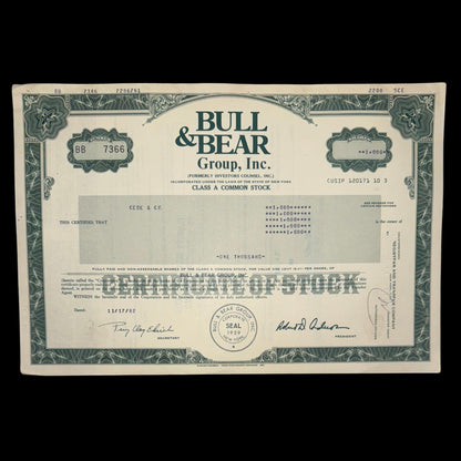 Bull & Bear Group Inc (now Winmill & Co) Stock Certificate from 1980s