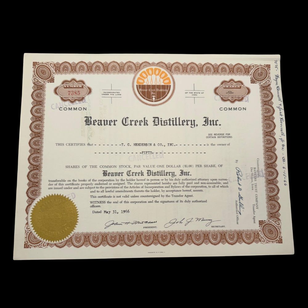 Beaver Creek Distilling Inc (Iowa Whiskey) Stock Certificate 1960s