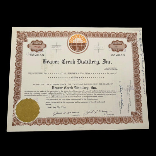 Beaver Creek Distilling Inc (Iowa Whiskey) Stock Certificate 1960s