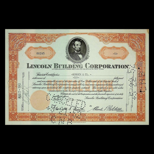 Lincoln Building Company (with Abraham Lincoln's Photo) Stock Certificate - 1 Grand Central Bdlg