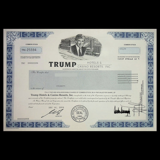 Trump Hotels & Casino Resorts Inc, Original and Rare Issued Stock Certificate from 2004 with Donald Trump portrait and printed signature