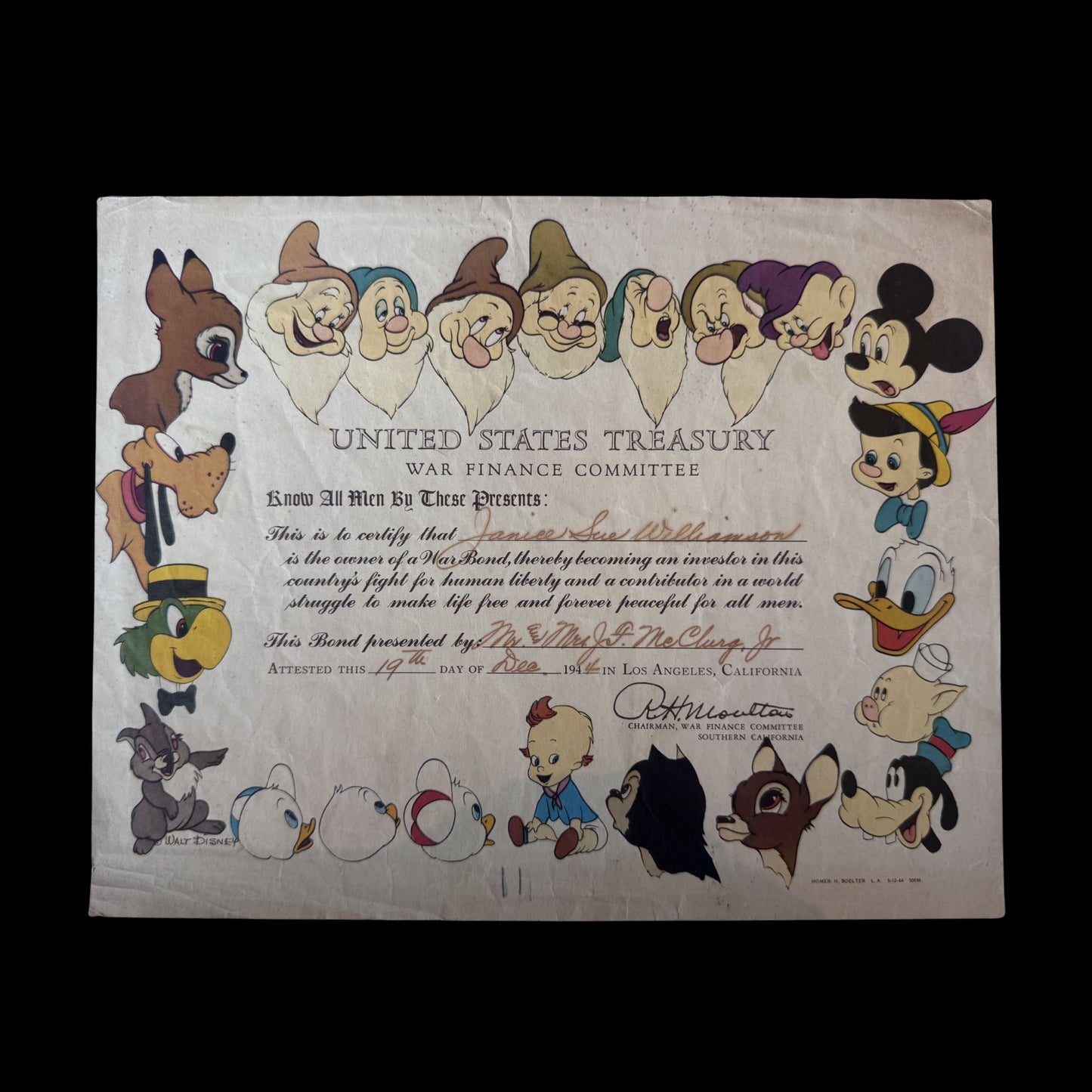 Walt Disney World War 2 US Treasury Bond Certificate from 1944