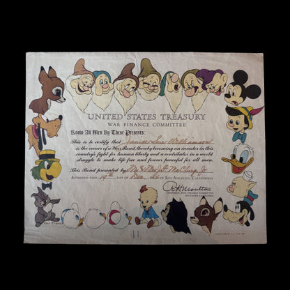 Walt Disney World War 2 US Treasury Bond Certificate from 1944