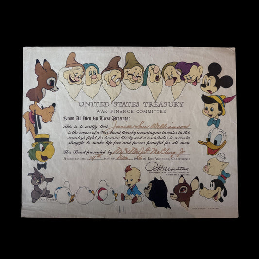 Walt Disney World War 2 US Treasury Bond Certificate from 1944