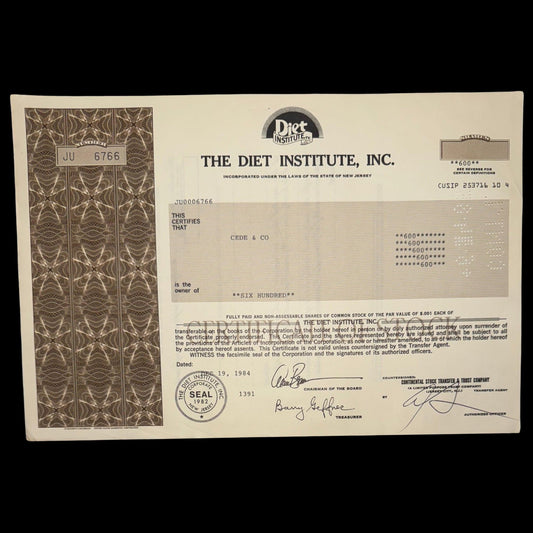 The Diet Institute Inc Stock Certificate from 1980s