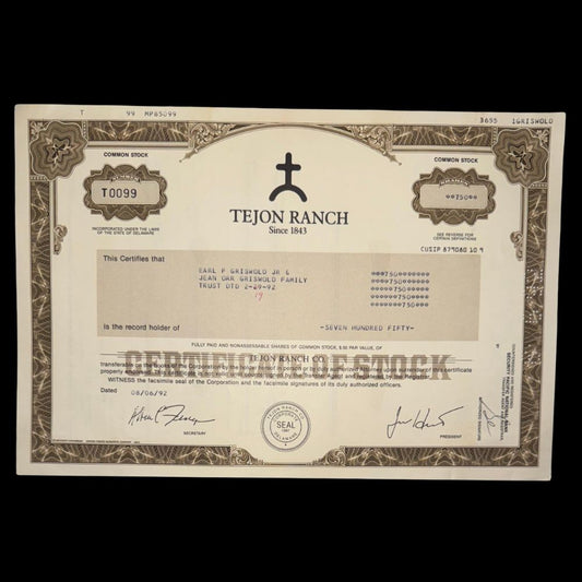 Tejon Ranch California Stock Certificate from 1990s