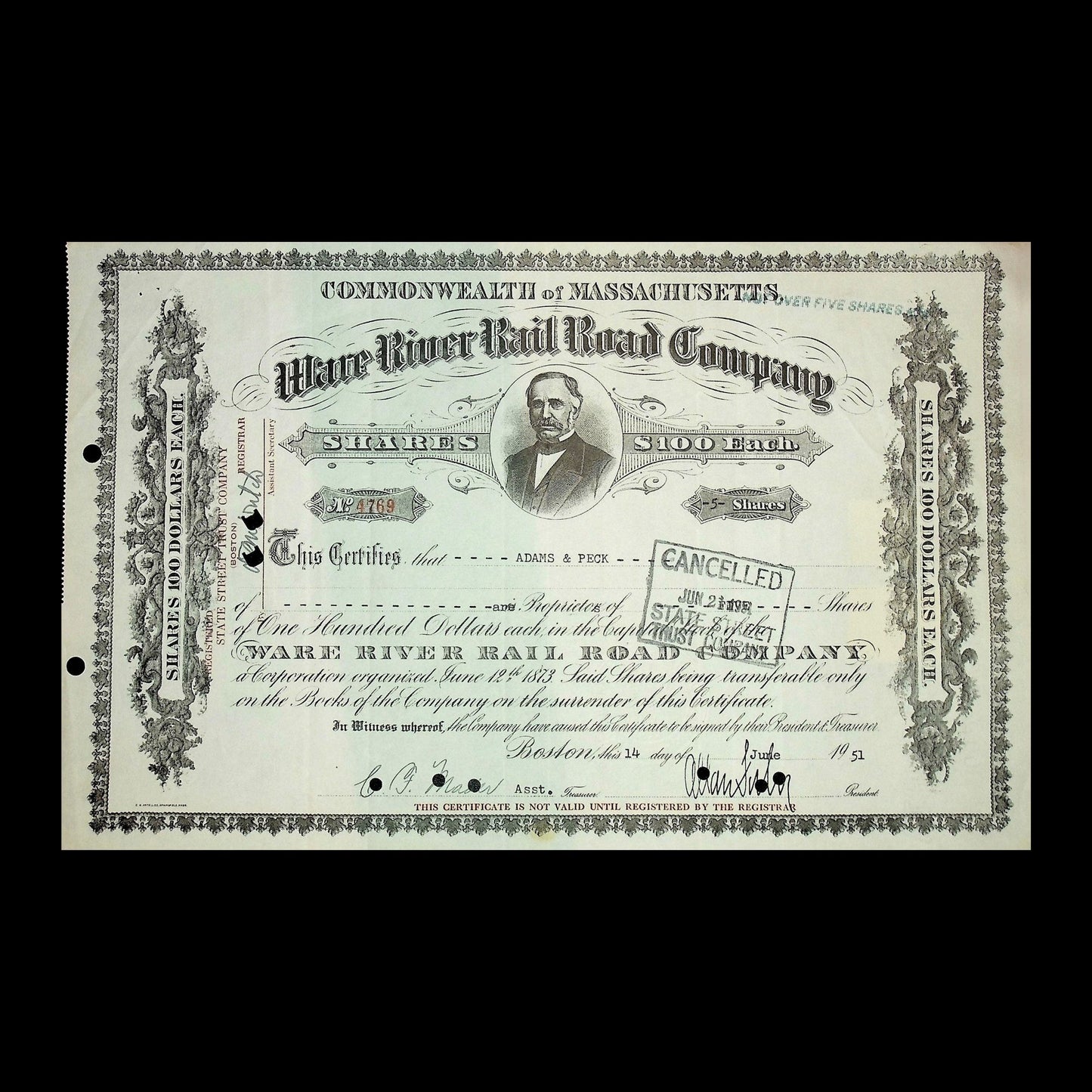 Ware River Rail Road Company Stock Certificate (Massachusetts) from 1940/50s