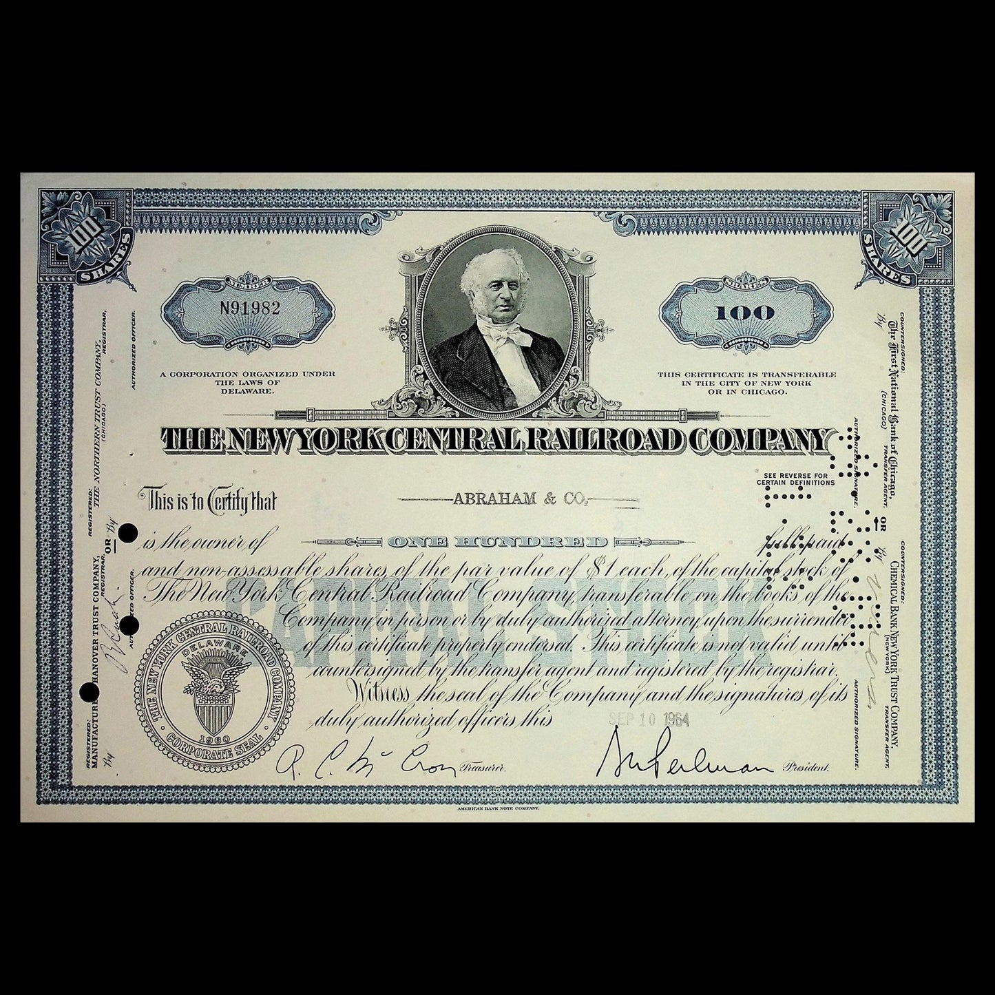 New York Central Railroad Company Stock Certificate from 1964