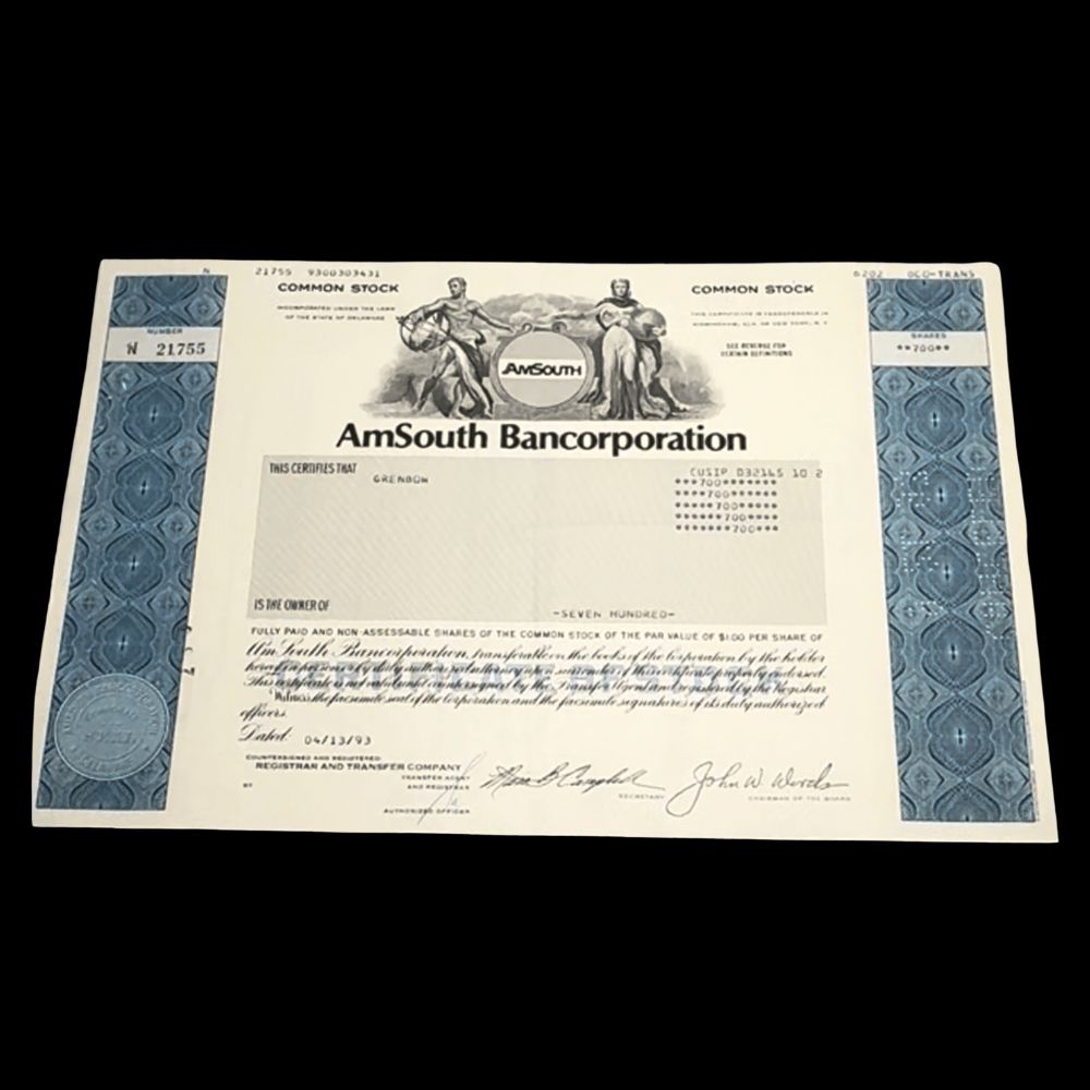 Amsouth Bancorporation (now Regions Bank) Stock Certificate from 1990s