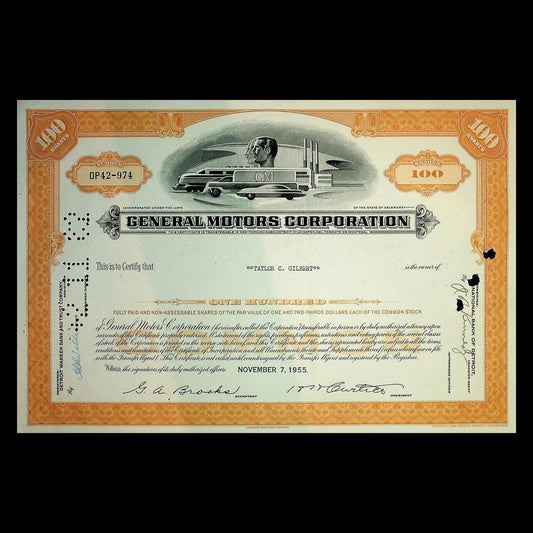 General Motors Stock Certificate (3 color options) from 1950s-1970s