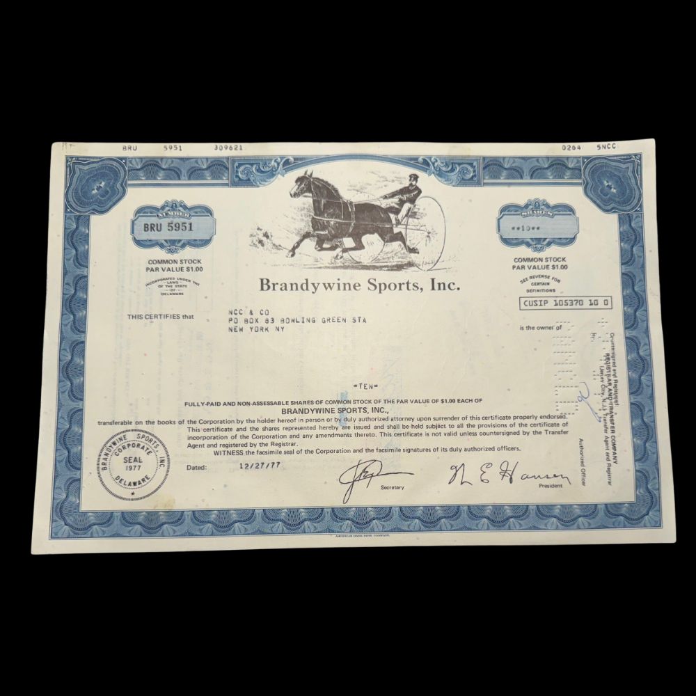 Brandywine Sports, Inc Stock Certificate from 1970s Horseracing
