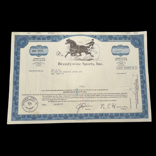 Brandywine Sports, Inc Stock Certificate from 1970s Horseracing