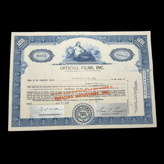 Official Films, Inc Stock Certificate (Film distributor) from 1972