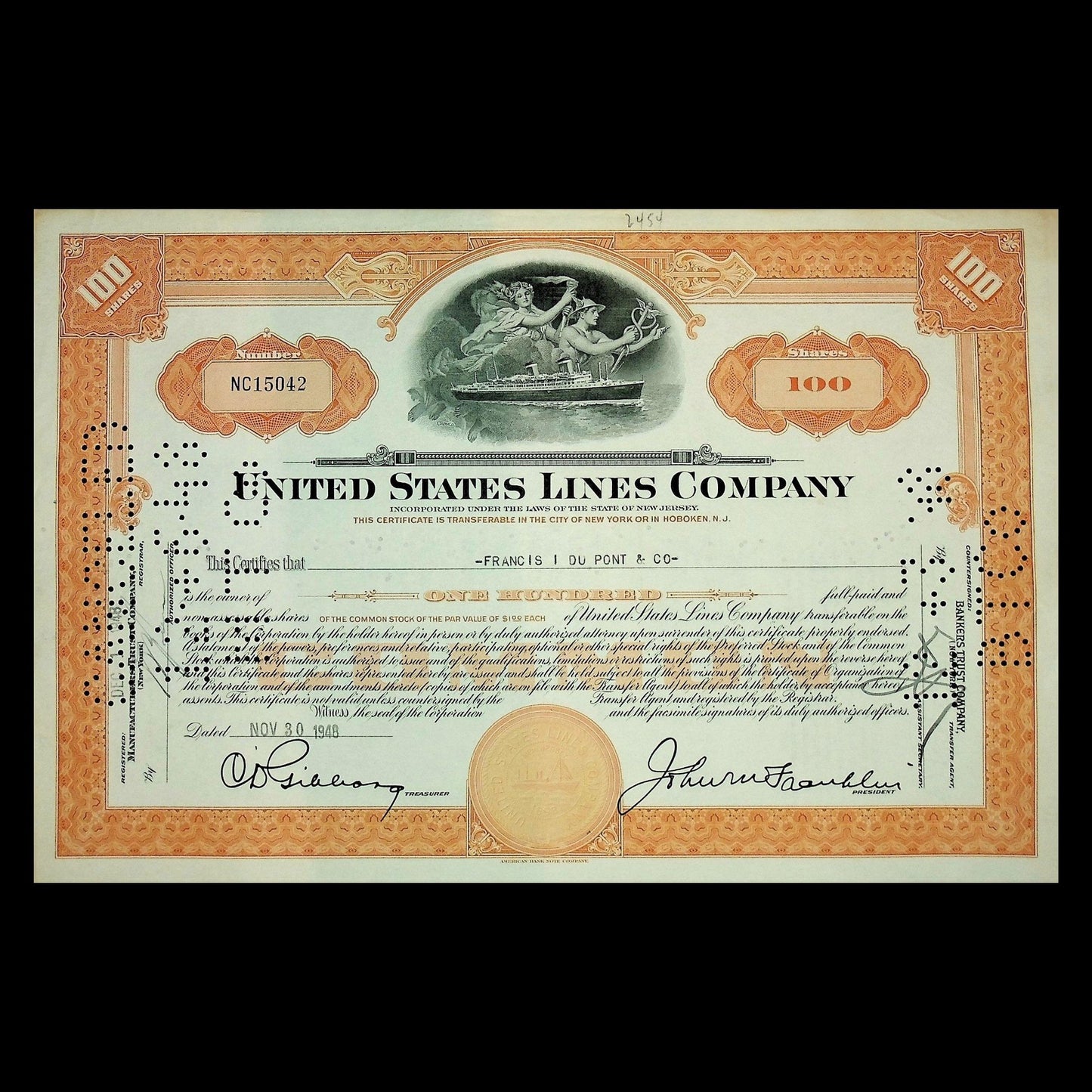 United States Lines (Maritime shipping) Company Stock Certificate from 1940s - Two colors