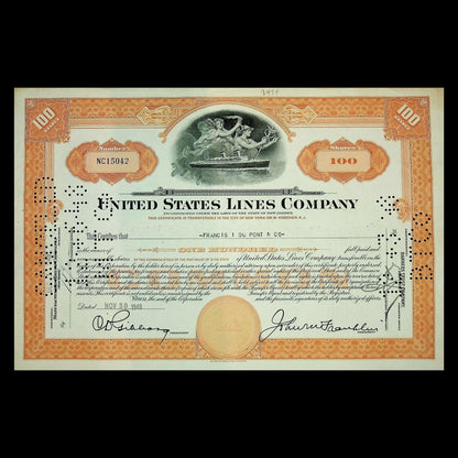 United States Lines (Maritime shipping) Company Stock Certificate from 1940s - Two colors