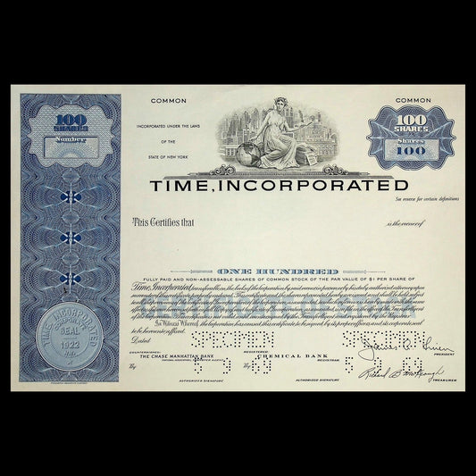 Time, Incorporated Stock Certificate Specimen from 1969