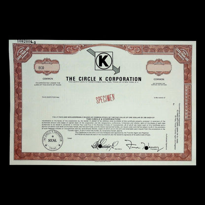Circle K Stores Corporation 股票证书样本
