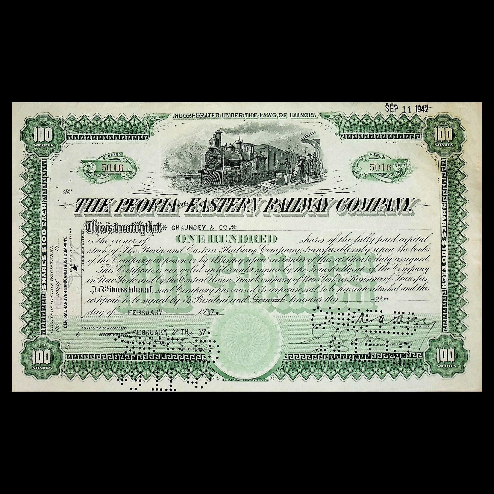 Peoria and Eastern Railway (Illinois to Indiana) Stock Certificate fro ...
