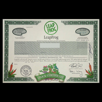 LeapFrog Stock Certificate from 2007 - Featuring colorful frogs