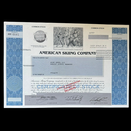 American Skiing Company Stock Certificate (feat photo of Skiers)