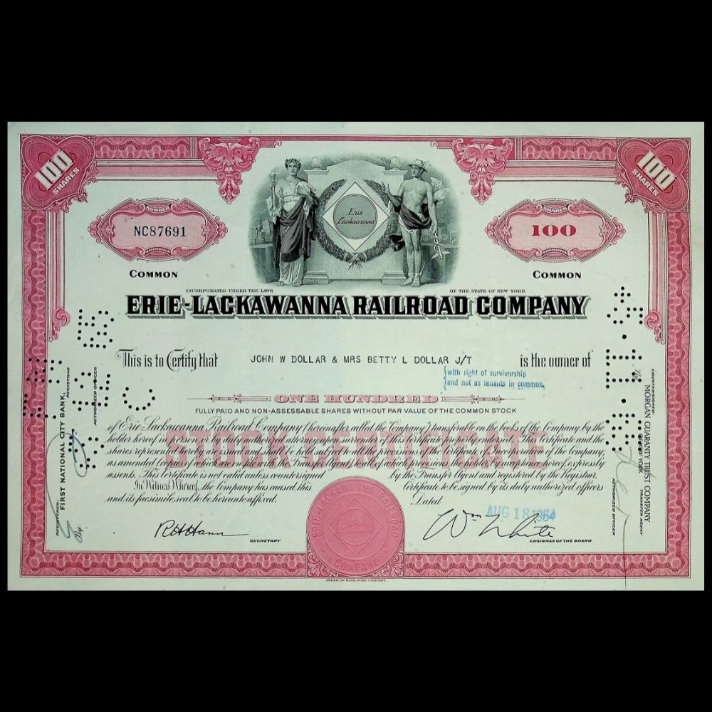 Erie Lackawanna Railroad Company Stock Certificate from 1960s