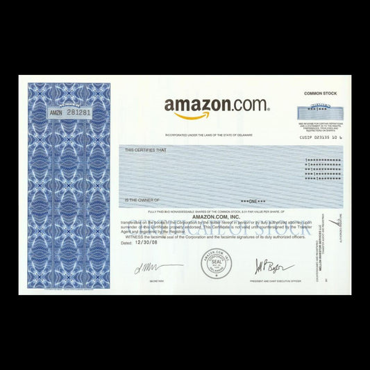 Amazon Inc Stock Certificate Replica Blank Post Card