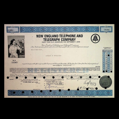 New England Telephone and Telegraph Company Stock Certificate from 1970s – Multi-Color