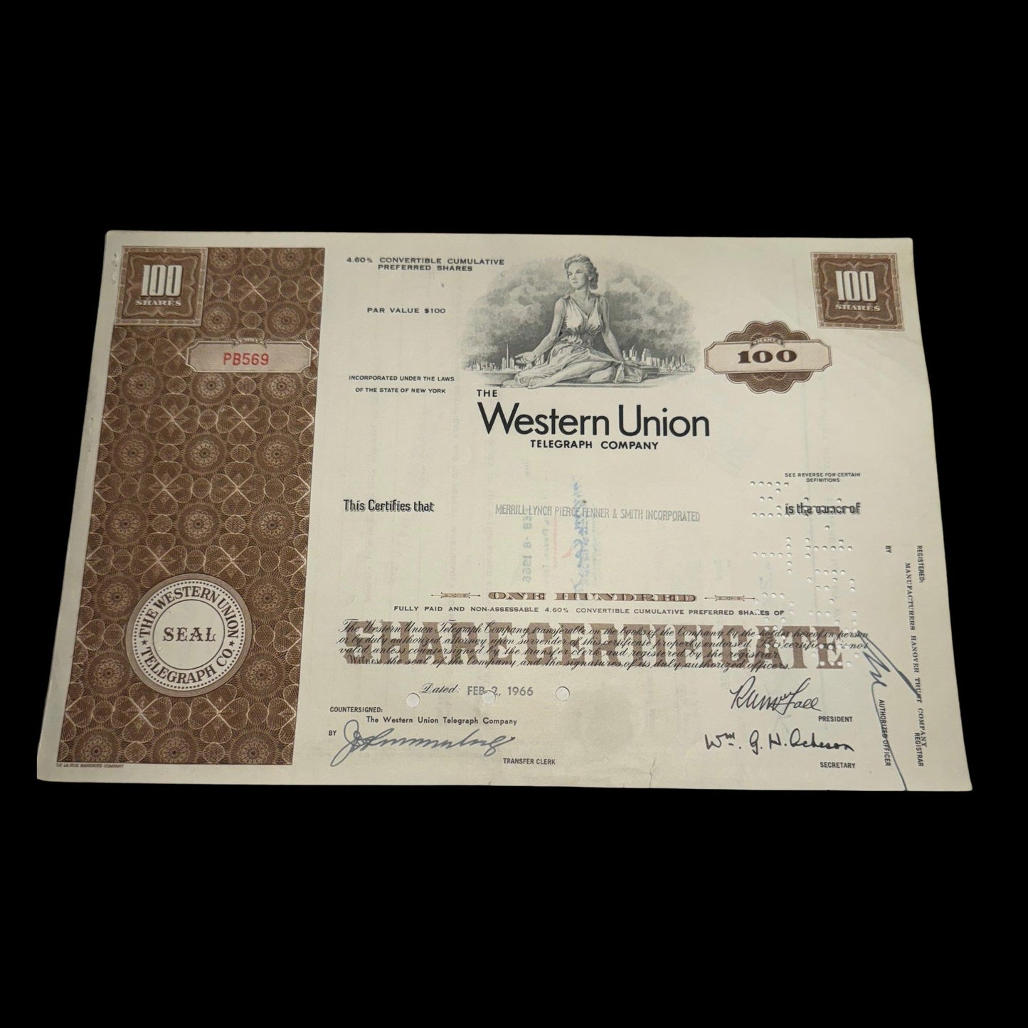 Western Union Telegraph Company Stock Certificate from 1960s - Red/Brown