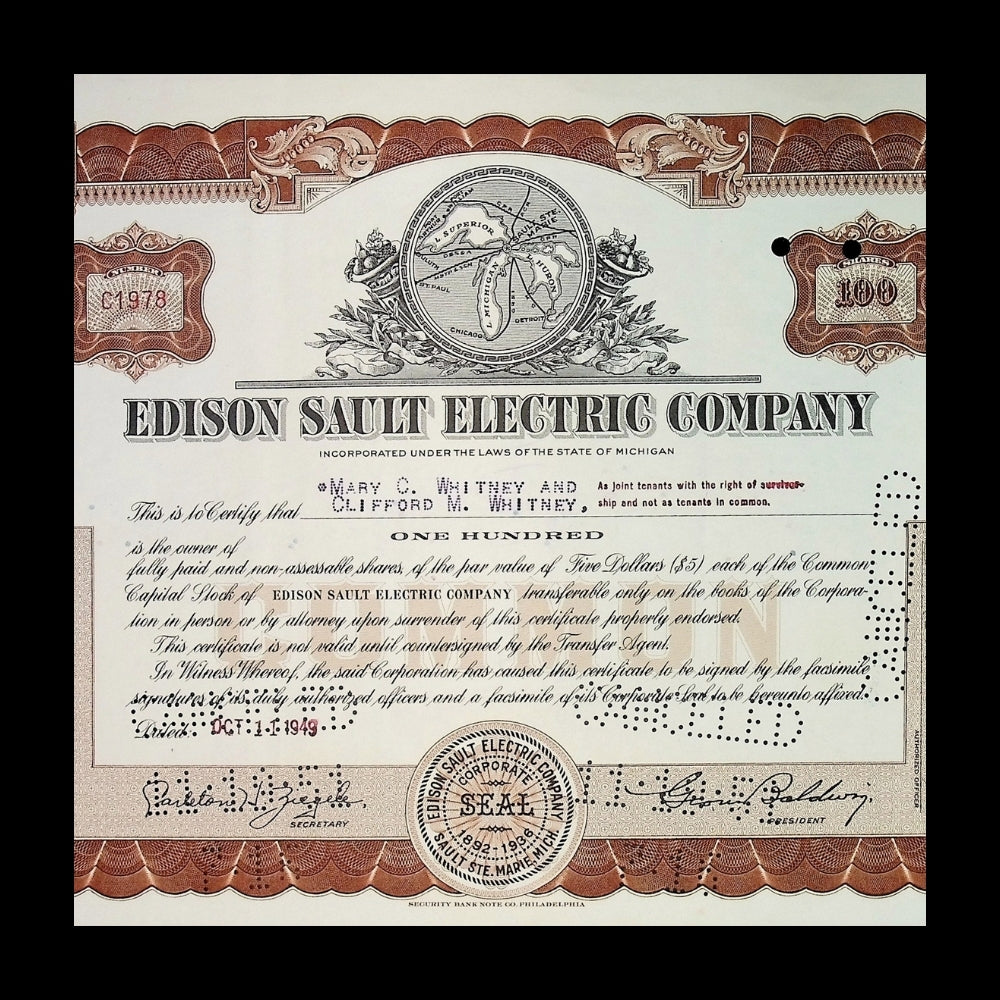Edison Sault Electric Company Stock Certificate – Michigan