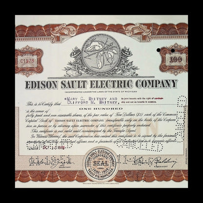 Edison Sault Electric Company Stock Certificate – Michigan