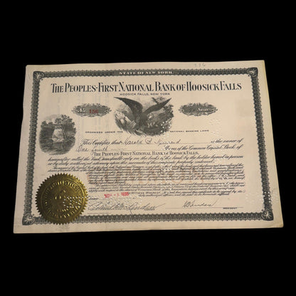 The People's First National Bank of Hoosick Falls (New York) Stock Certificate from 1953