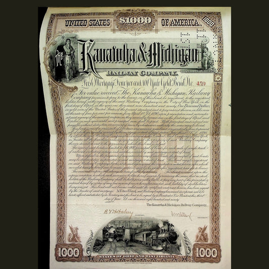 Kanawha & Michigan (West Virginia and Ohio) Railway Company Bond from 1890
